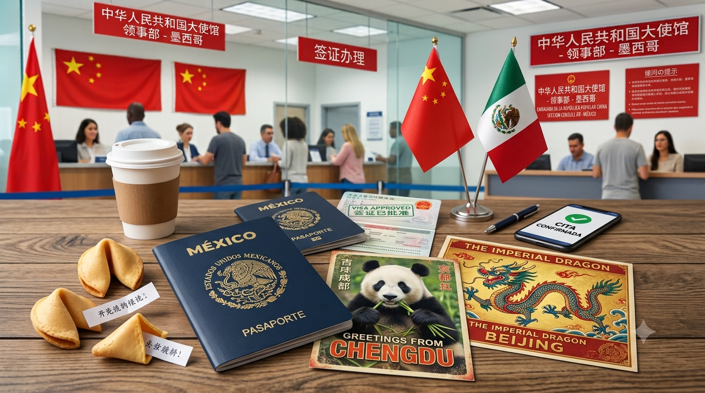 Pasaporte mexicano, galletas de la suerte y postales de China sobre una mesa, con la oficina de la Embajada de China en México al fondo para trámite de visa.