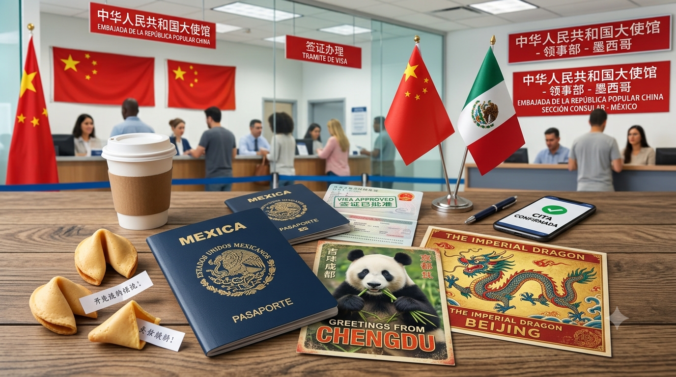 Pasaporte mexicano, galletas de la suerte y postales de China sobre una mesa, con la oficina de la Embajada de China en México al fondo para trámite de visa.